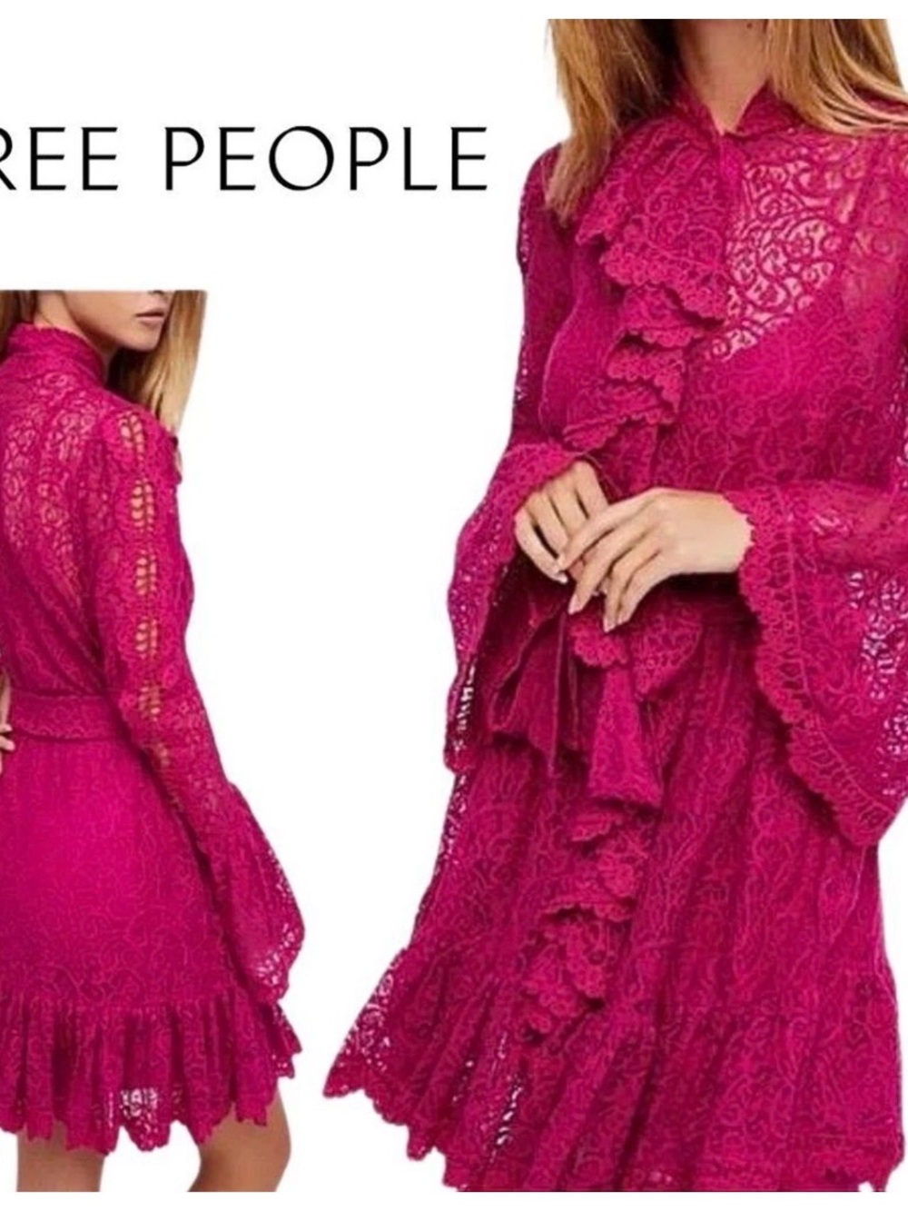Free People Lace Mini Dress Ruffles Bell Sleeve XS Pink 70s Whimsy Romantic Boho